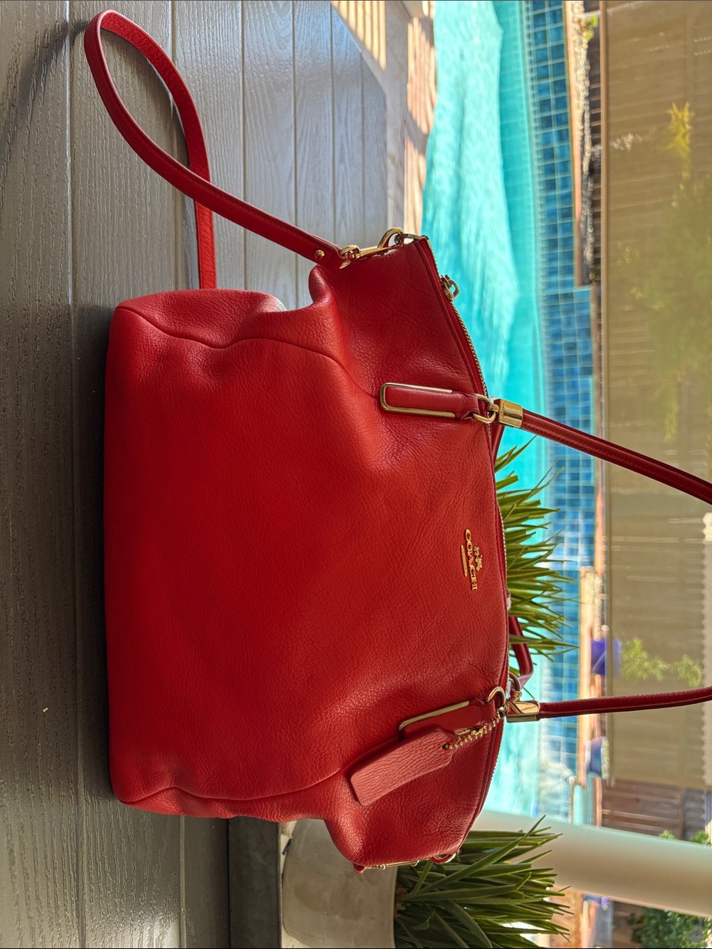 Coach Red Pebbled Leather Shoulder Tote with Gold Hardware